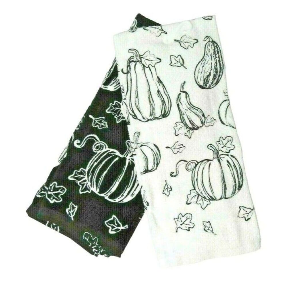 Celebrate Harvest Pumpkins Gourds Kitchen Towels Set of 2 Black White Autumn NWT